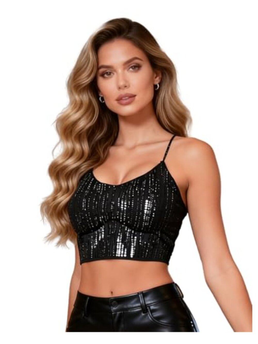 Sequin Crop Top Rhinestone Camisole with Built-In Bra Padded